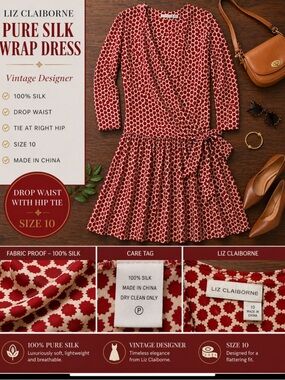 Pure Silk Drop Waist Wrap Dress Vintage Designer Geometric Print Size 10